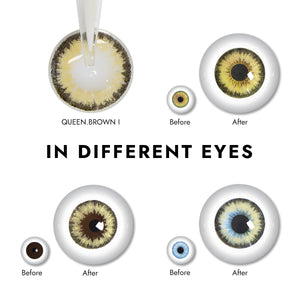 Effect display of wearing Queen Brown I Contact Lenses for different eye colors