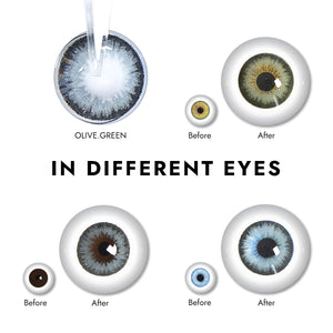Effect display of wearing Olive Green Contact Lenses for different eye colors