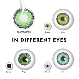 Effect display of wearing Forest Green Contact Lenses for different eye colors