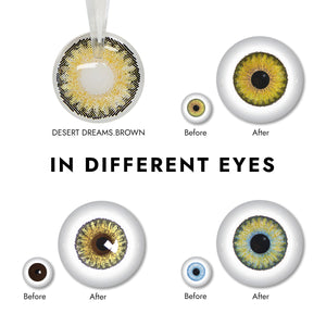 Effect display of wearing Desert Dreams Brown Contact Lenses for different eye colors