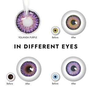 Effect display of wearing Yolanda Purple Contact Lenses for different eye colors