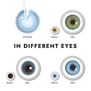Effect display of wearing Queen Ice Blue Contact Lenses for different eye colors