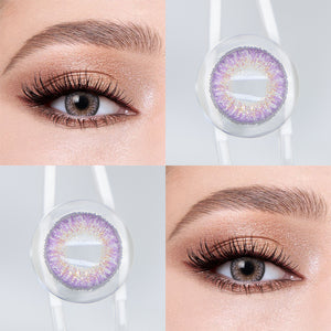 Brown eyes wearing Freedom Purple Contact Lenses