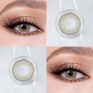 Brown eyes wearing Creamy Beige Gray Contact Lenses
