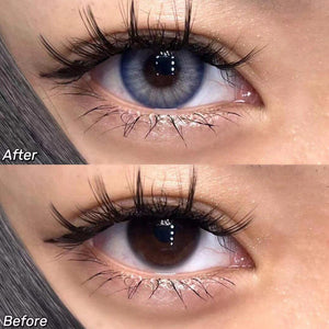 Before and after wearing Queen Blue Contact Lenses