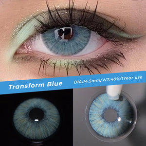 Close-up of the model's eyes wearing Transform Blue Contact Lenses and product close-up