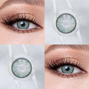 Brown eyes wearing Lemon Green Contact Lenses