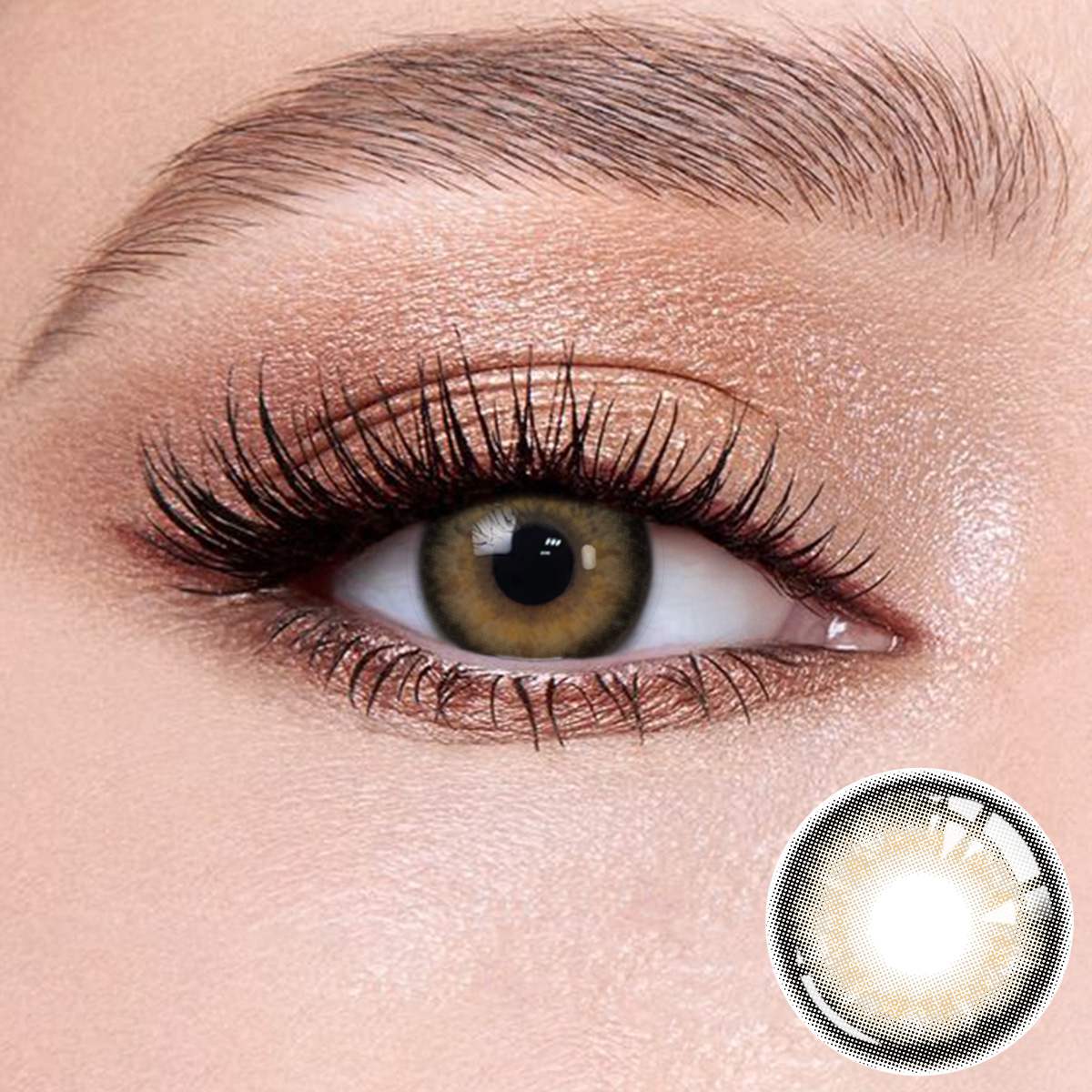 Banshe Black Brown contact lenses on the eyes, close-up of the product on the lower right