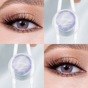 Brown eyes wearing Dreamland Purple Contact Lenses
