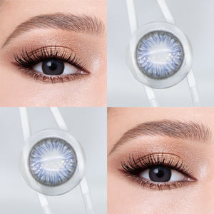Brown eyes wearing Diamond Blue Contact Lenses