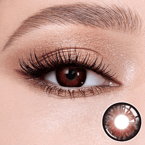 aurora red contact lenses on the eyes, close-up of the product on the lower right