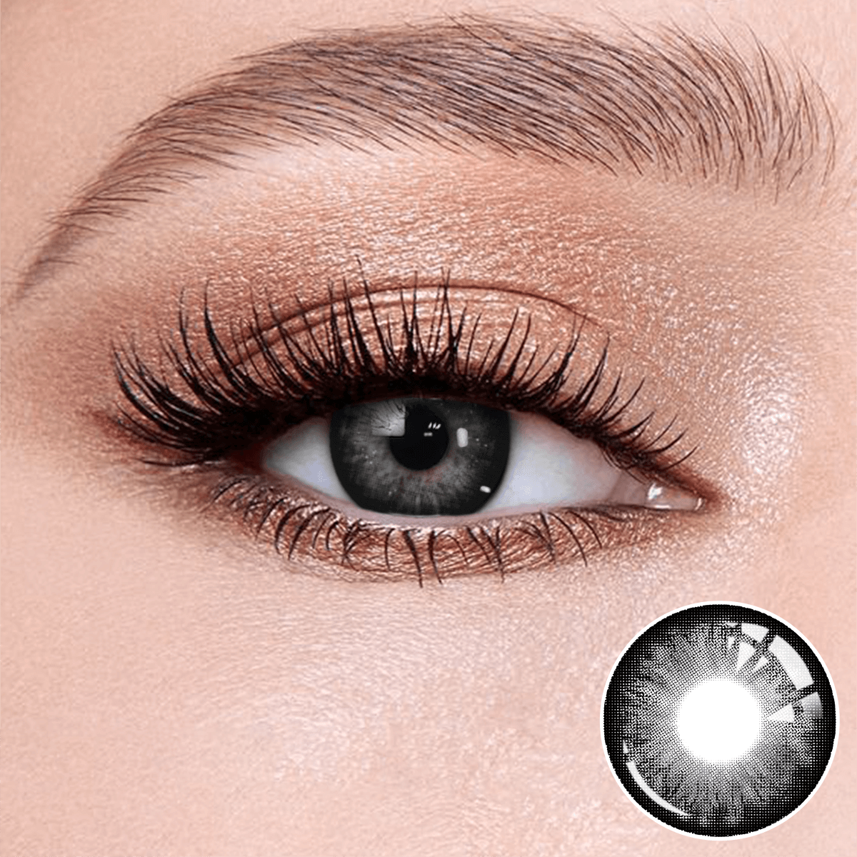 aurora gray contact lenses on the eyes, close-up of the product on the lower right