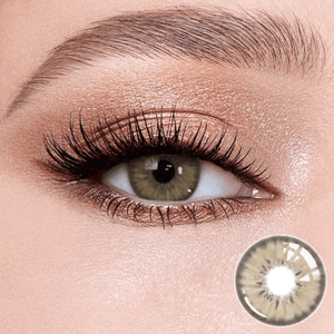 mocha hazel brown contact lenses on the eyes, close-up of the product on the lower right