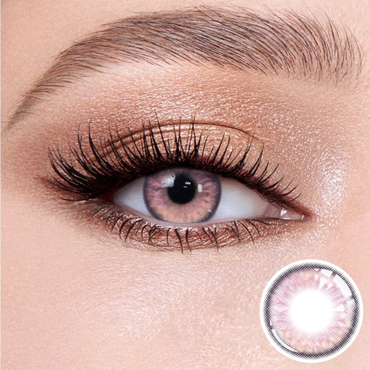 The effect of wearing Plato Purple Contact Lenses, with a close-up of the product in the lower right corner