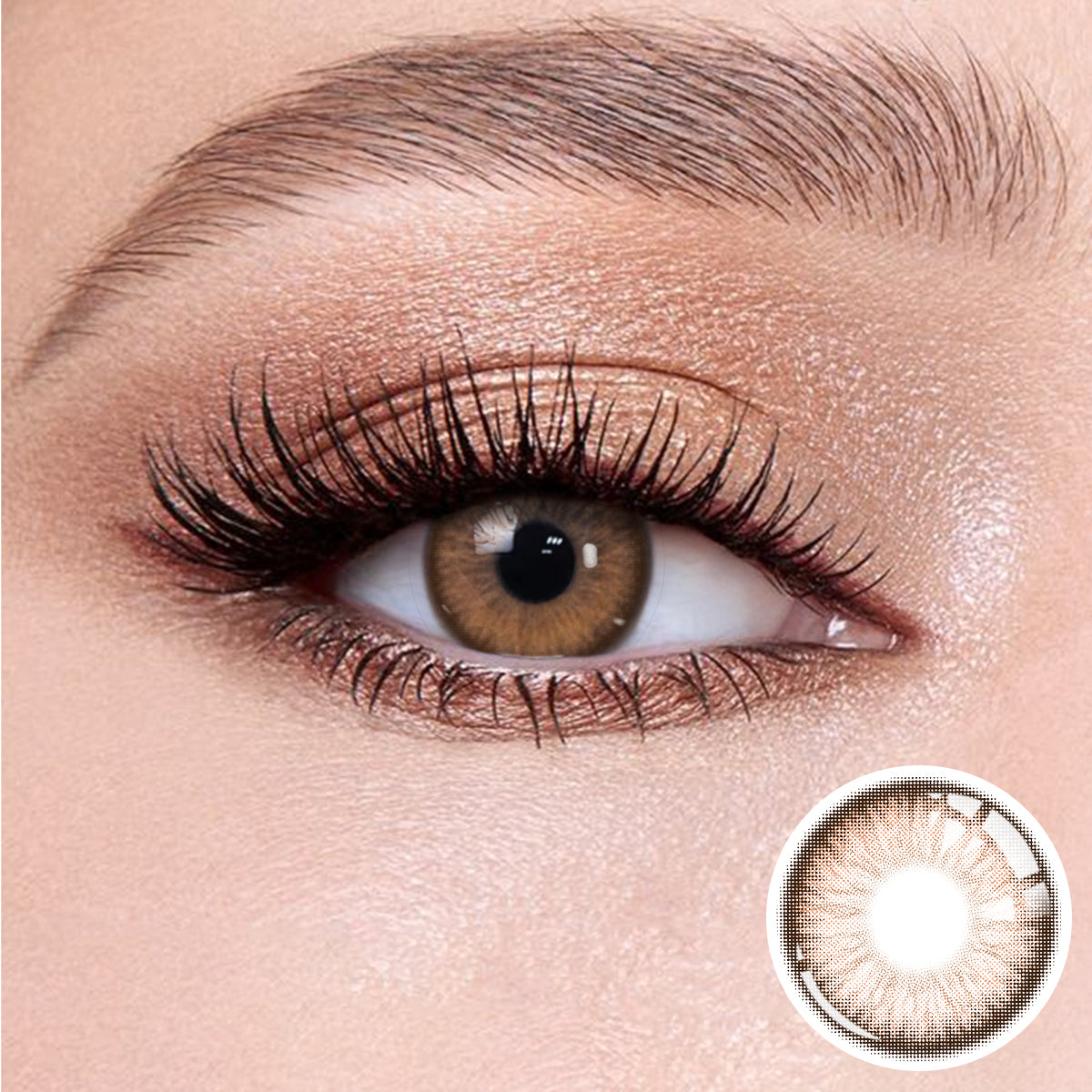 The effect of wearing Elf Brown Contact Lenses, with a close-up of the product in the lower right corner