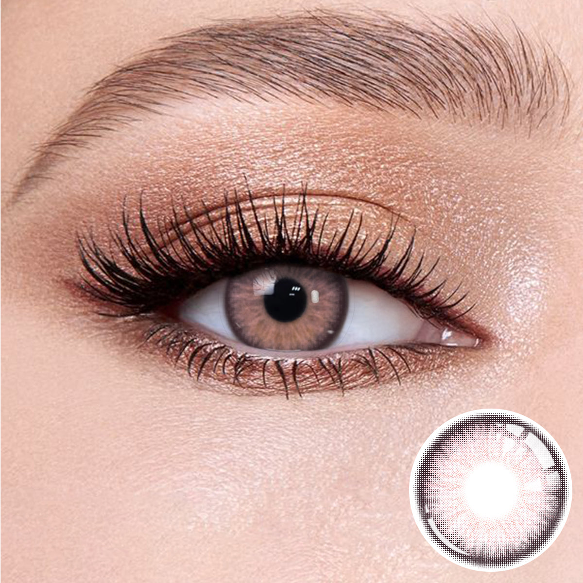 The effect of wearing Elf Purple Contact Lenses, with a close-up of the product in the lower right corner