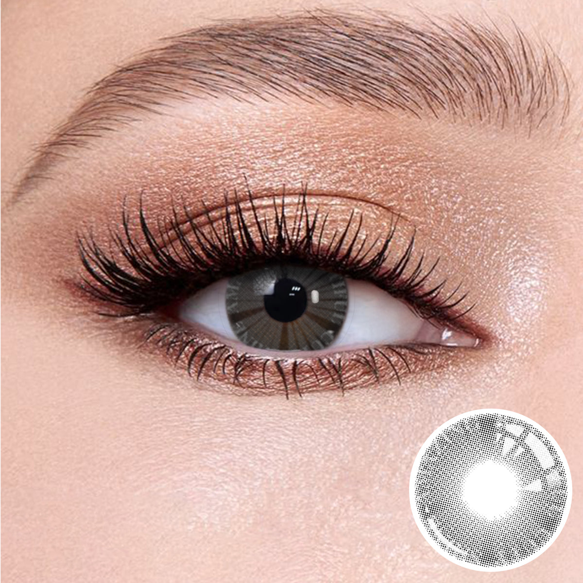 The effect of wearing Plato Gray Contact Lenses, with a close-up of the product in the lower right corner