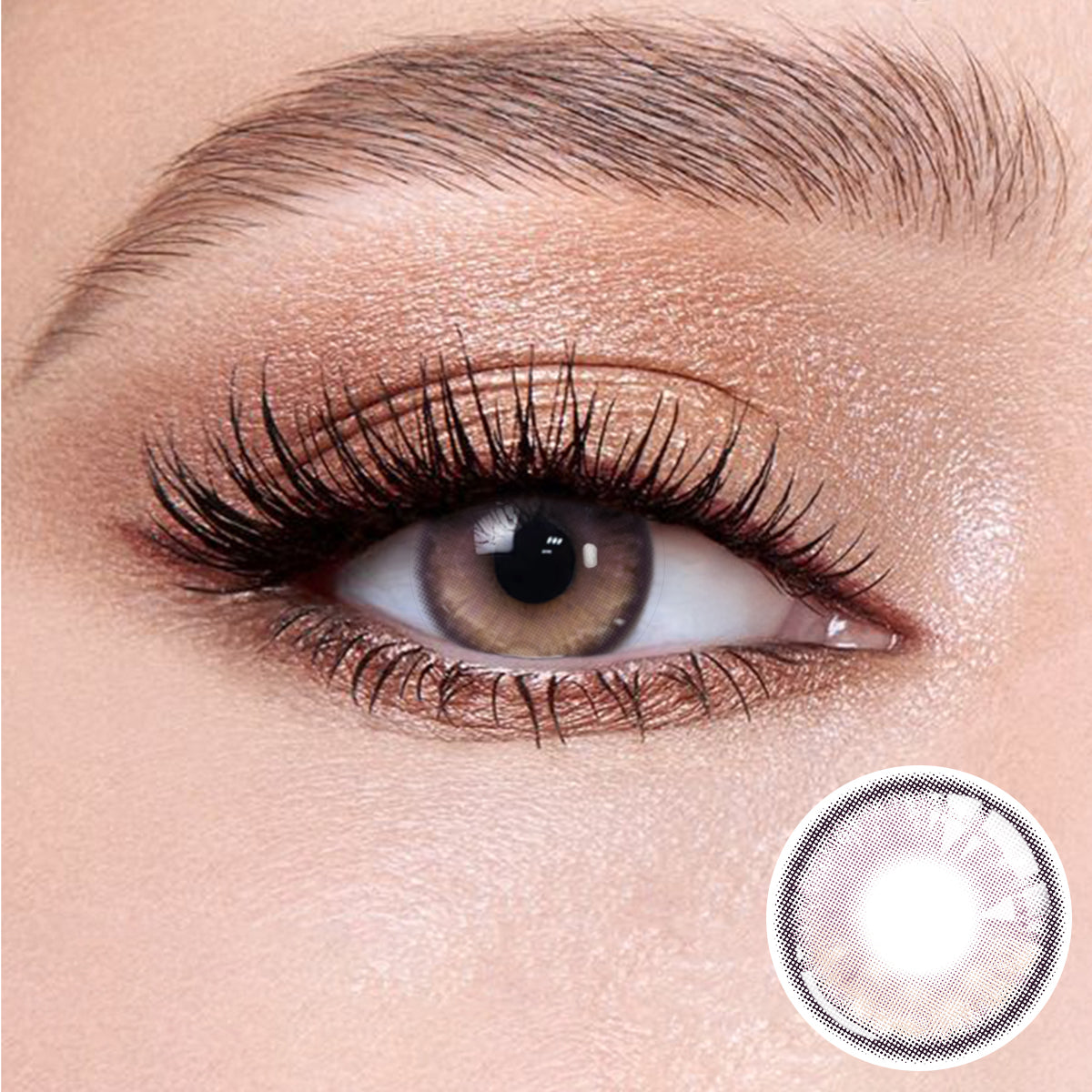 The effect of wearing Bubbles Purple Contact Lenses, with a close-up of the product in the lower right corner