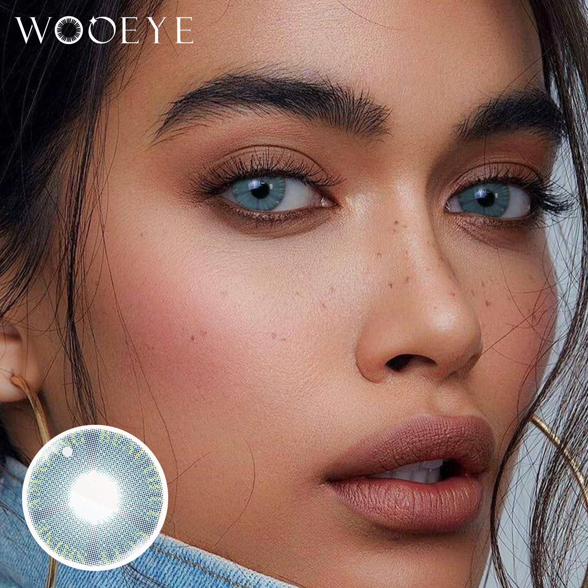 Model wearing Plato Blue Contact Lenses