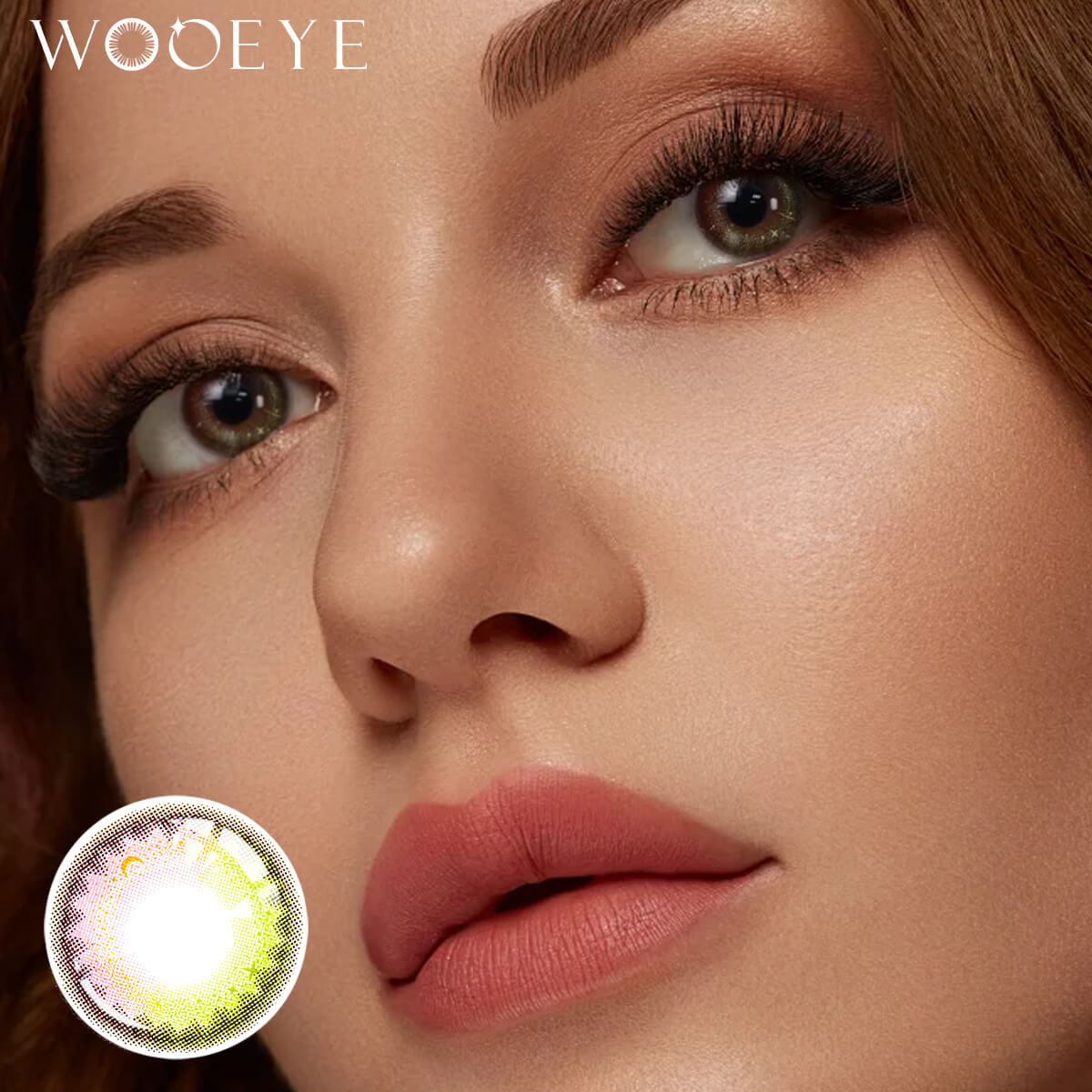 The girl's face is looking straight ahead, the upper left is the Wooeye logo, and the lower left is a close-up of the Yel Dream Elflow pink contact lens