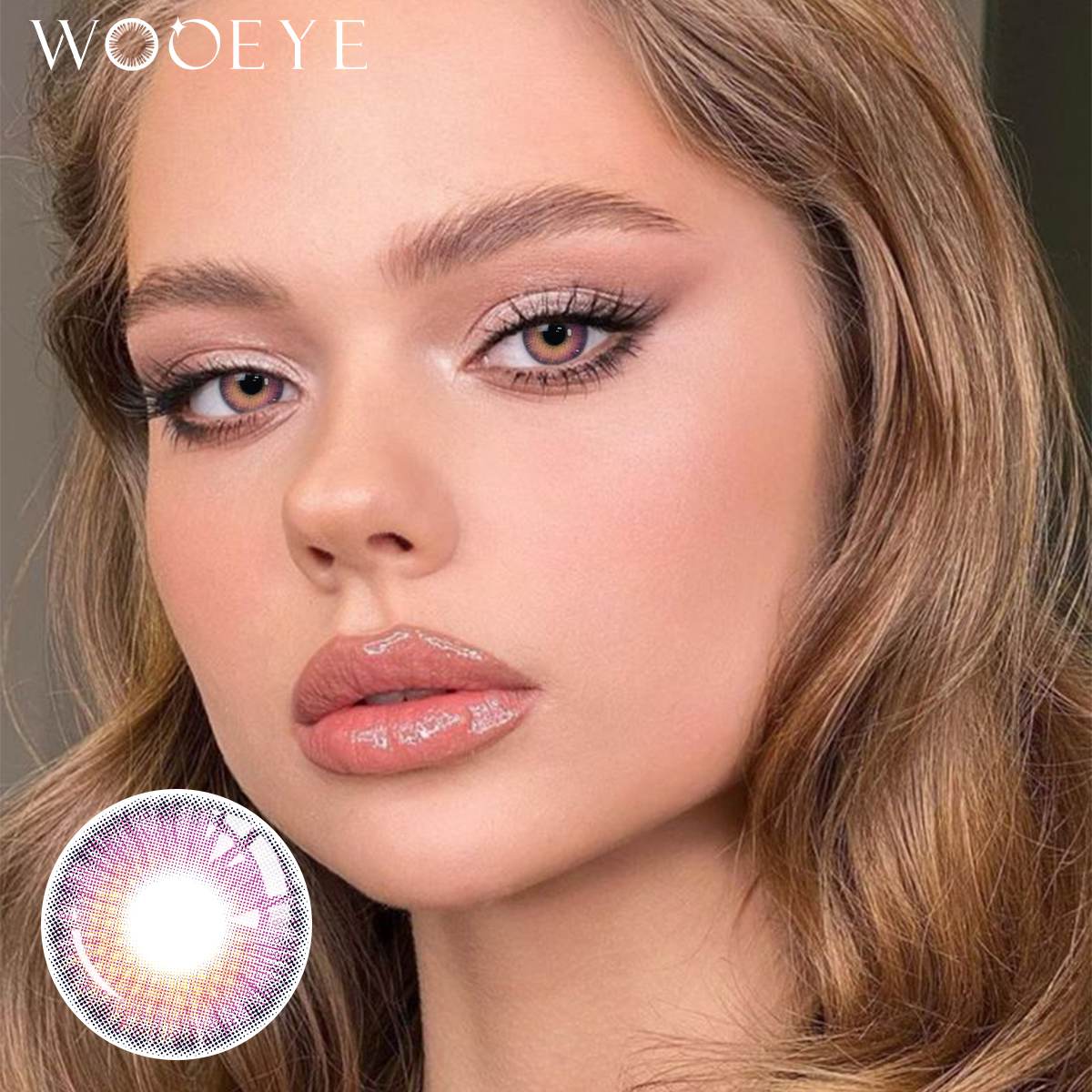 The girl's face is looking straight ahead, the upper left is the Wooeye logo, and the lower left is a close-up of the romantic purple contact lens