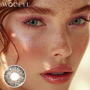 Model wearing Chocolate Oat Gray Contact Lenses