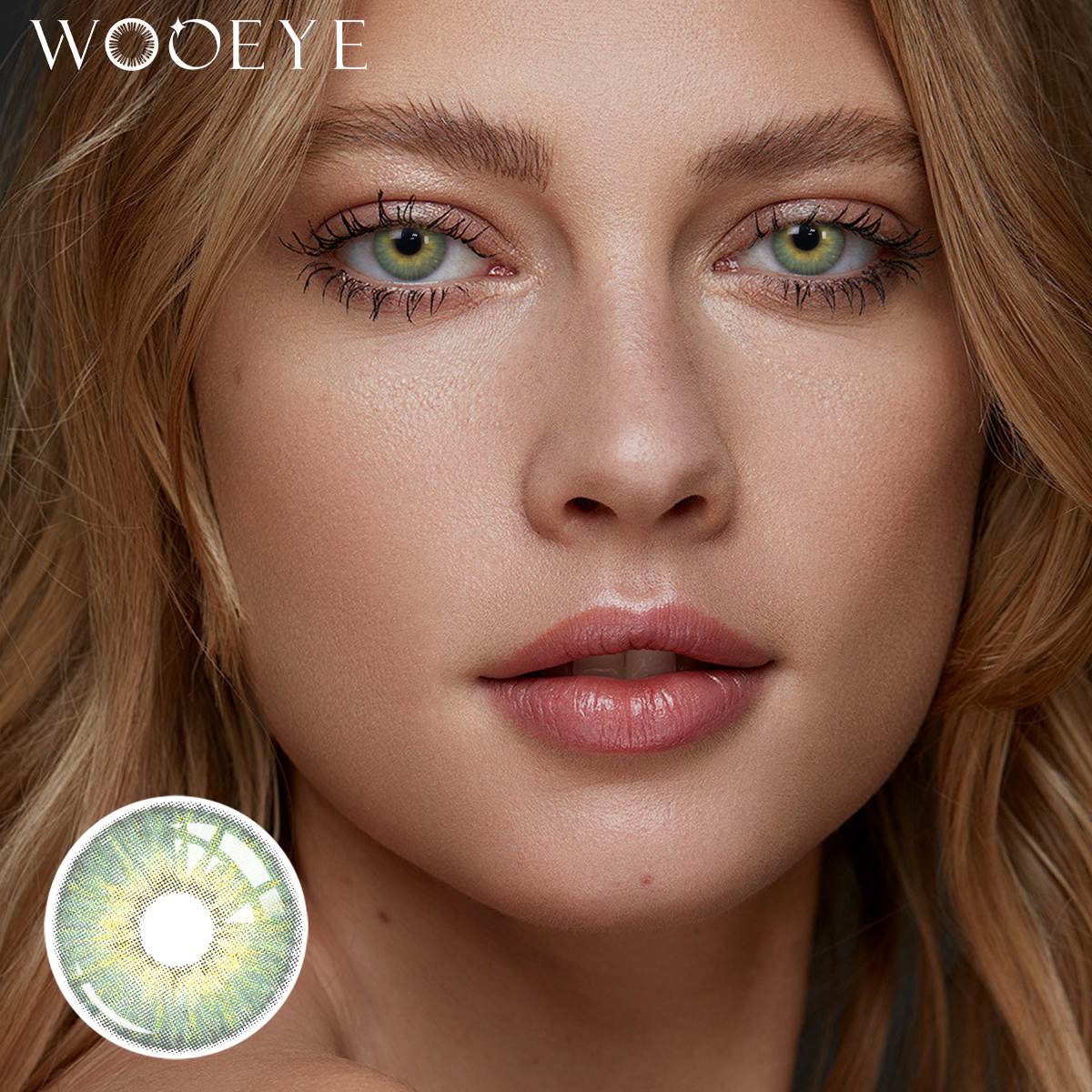 The girl's face is looking straight ahead, the upper left is the Wooeye logo, and the lower left is a close-up of the Mist Green contact lens