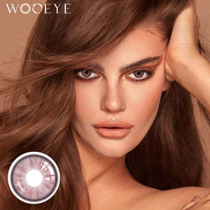 The girl's face is looking straight ahead, the upper left is the Wooeye logo, and the lower left is a close-up of the trends purple contact lens