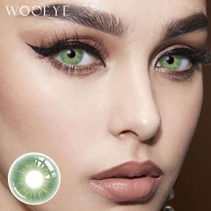 The girl's face is looking straight ahead, the upper left is the Wooeye logo, and the lower left is a close-up of the love green contact lens
