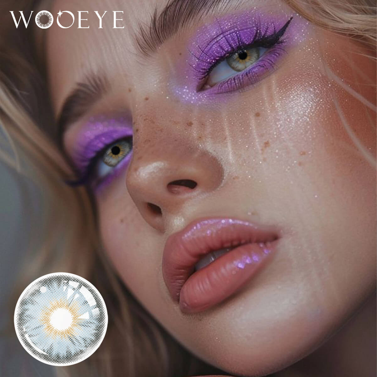 The girl's face is looking straight ahead, the upper left is the Wooeye logo, and the lower left is a close-up of the Mermaid Blue contact lens