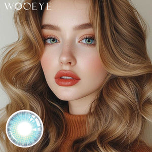 The girl's face is looking straight ahead, the upper left is the Wooeye logo, and the lower left is a close-up of the romantic blue contact lens
