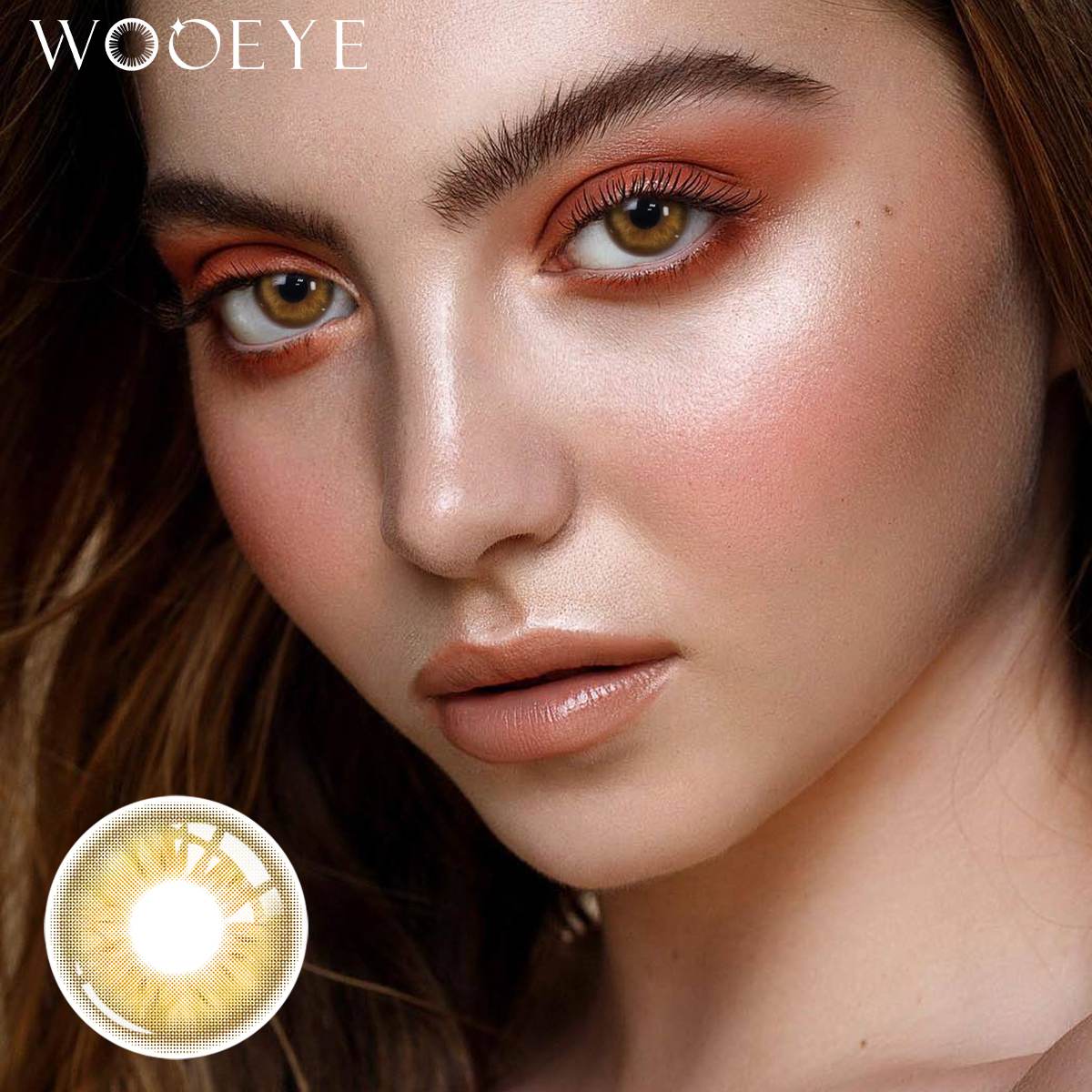 The girl's face is looking straight ahead, the upper left is the Wooeye logo, and the lower left is a close-up of the Coral Brown contact lens