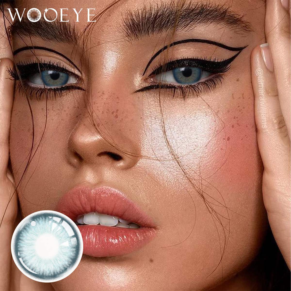 The girl's face is looking straight ahead, the upper left is the Wooeye logo, and the lower left is a close-up of the elf blue contact lens