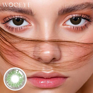 The girl's face is looking straight ahead, the upper left is the Wooeye logo, and the lower left is a close-up of the Diamond Green contact lens