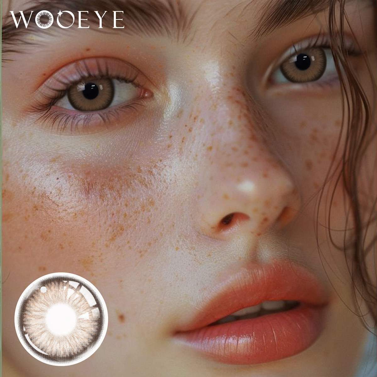 The girl's face is looking straight ahead, the upper left is the Wooeye logo, and the lower left is a close-up of the elf brown contact lens