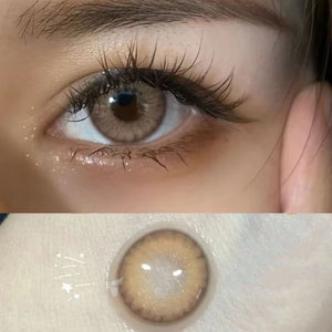 Close-up of the model's eyes wearing Queen Brown III Contact Lenses and product close-up