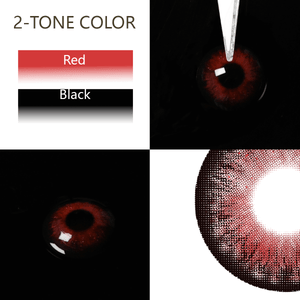 aurora red 2-Tone Colored Contact Lenses showing light and dark green shades, close-up on eye, and lens texture