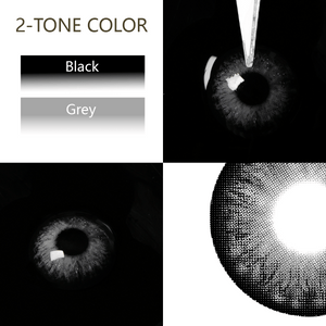 aurora gray 2-Tone Colored Contact Lenses showing light and dark green shades, close-up on eye, and lens texture