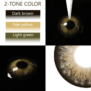 aurora brown 2-Tone Colored Contact Lenses showing light and dark green shades, close-up on eye, and lens texture