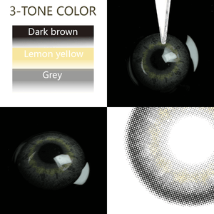 banshe gray 3-Tone Colored Contact Lenses showing light and dark green shades, close-up on eye, and lens texture