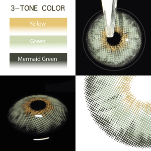Close-up of the black background and edge details of the Mermaid Green contact lens, three colors of the product on the upper left