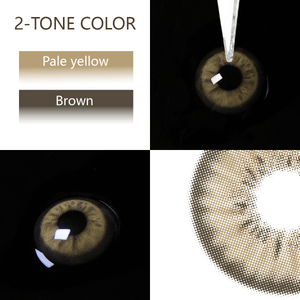 mocha hazel brown 2-Tone Colored Contact Lenses showing light and dark green shades, close-up on eye, and lens texture