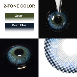 Close-up of the black background and edge details of the Alice Blue contact lens, two colors of the product on the upper left