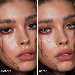 Girl wearing Alice Green contact lenses before and after effect