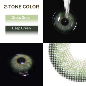 Close-up of the black background and edge details of the Alice Green contact lens, two colors of the product on the upper left