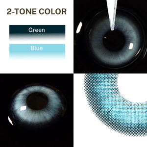 Close-up of the black background and edge details of the Amber Blue contact lens, two colors of the product on the upper left