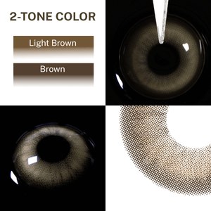 Close-up of the black background and edge details of the Amber Brown contact lens, two colors of the product on the upper left
