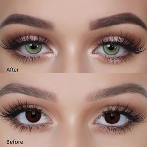 Before and after wearing Aura Green Contact Lenses