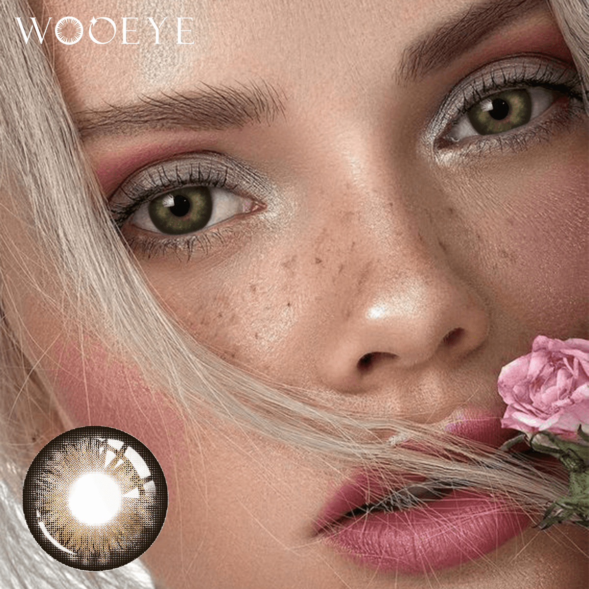 The girl's face is looking straight ahead, the upper left is the Wooeye logo, and the lower left is a close-up of the aurora brown contact lens