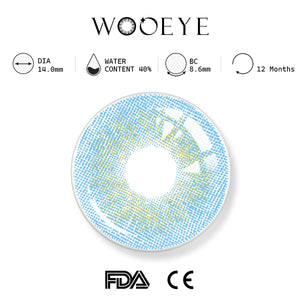 banshe biue product specifications, Wooeye logo on top, FDA and CE certification marks on bottom